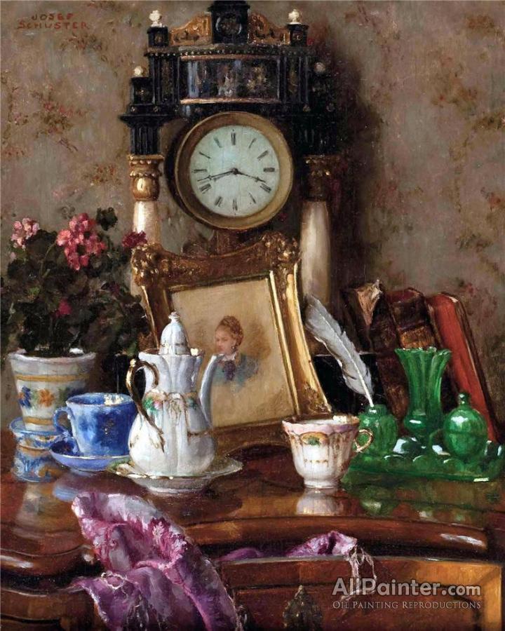 Joseph Schuster Still Life With Clock Oil Painting Reproductions