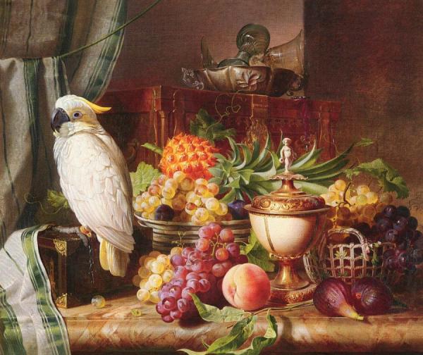 Still Life With Fruit And A Cockatoo by Joseph Schuster