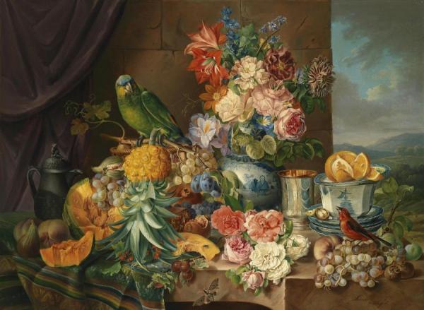 Still Life With Fruit, Flowers And Parrot by Joseph Schuster
