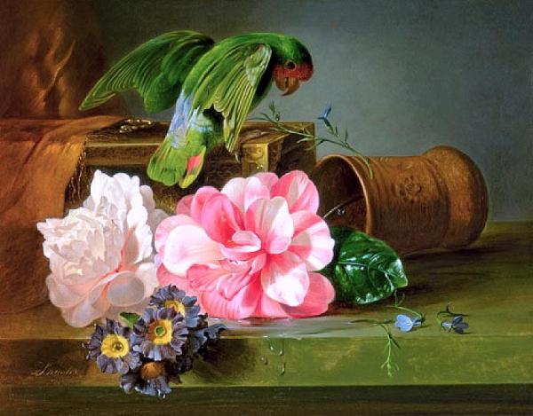 Still Life With Parrot by Joseph Schuster Oil Painting Reproductions