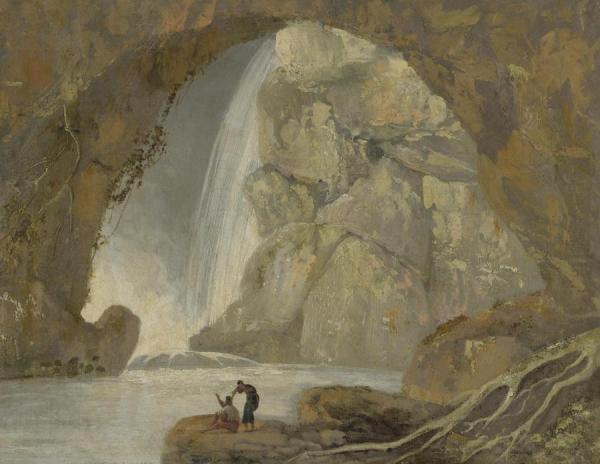 A Grotto With A Waterfall by Joseph Wright Of Derby