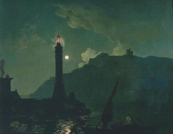 A Moonlight With A Lighthouse, Coast Of Tuscany by Joseph Wright Of Derby