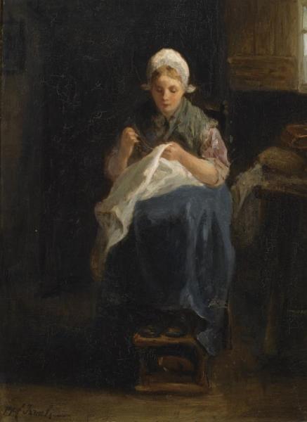 A Peasant Girl Sewing by Jozef Israels