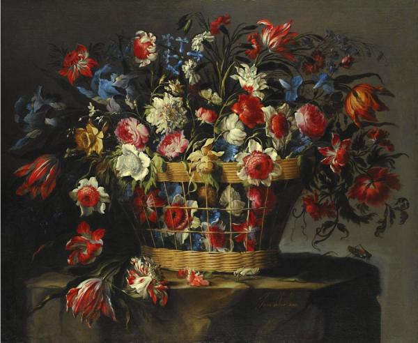 A Still Life With Carnations, Parrot Tulips, Roses, Isis, Daffodils, Etc. by Juan De Arellano