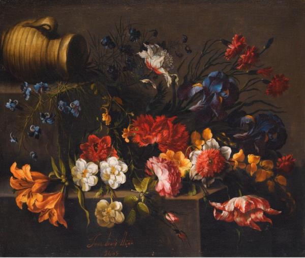 A Tulip, Roses, Dahlias, Peonies, Campanula, Orange Blossom On Some Steps by Juan De Arellano