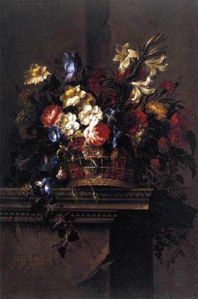 Basket Of Flowers On A Plinth by Juan De Arellano