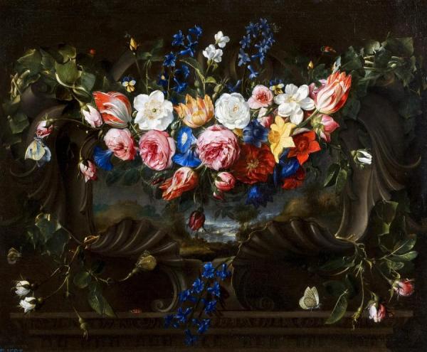 Garland Of Flowers In A Cartouche With A Landscape Behind by Juan De Arellano