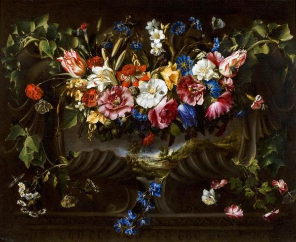 Juan De Arellano Garland Of Flowers In A Cartouche With A Landscape Behind