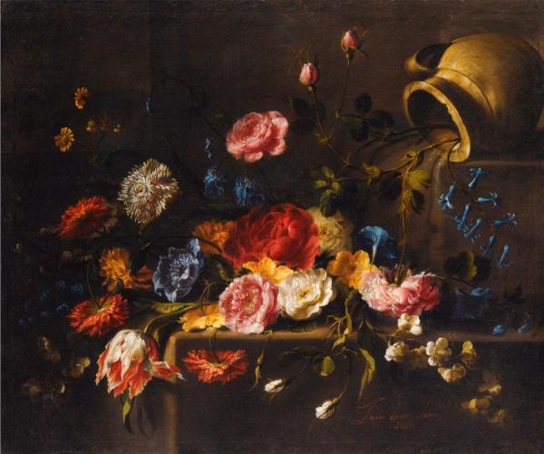 Juan De Arellano Lilies, Roses Peonies, Pinks, Iris, A Tulip And Other Flowers On A Stone Ledge