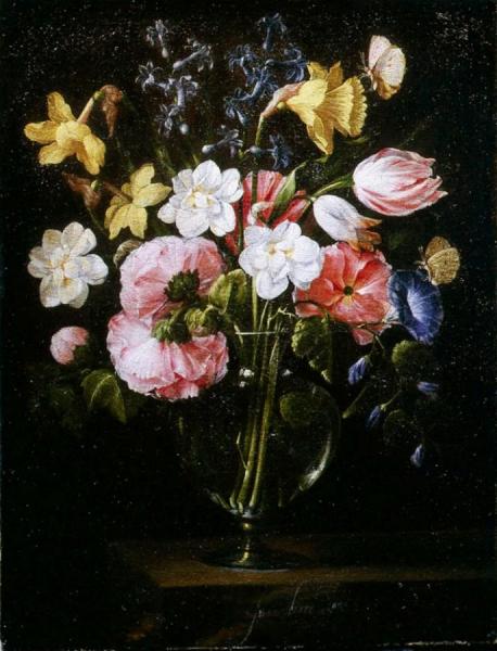 Roses, Clematis, A Tulip And Other Flowers In A Glass Vase On A Wooden Ledge With A Butterfly by Juan De Arellano
