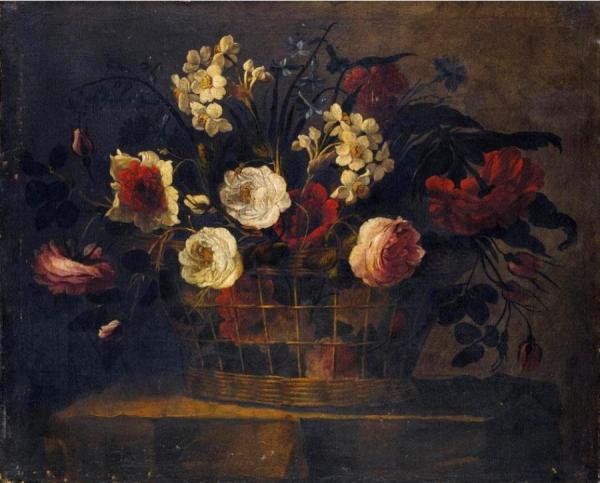 Still Life Of Flowers In A Wicker Basket by Juan De Arellano