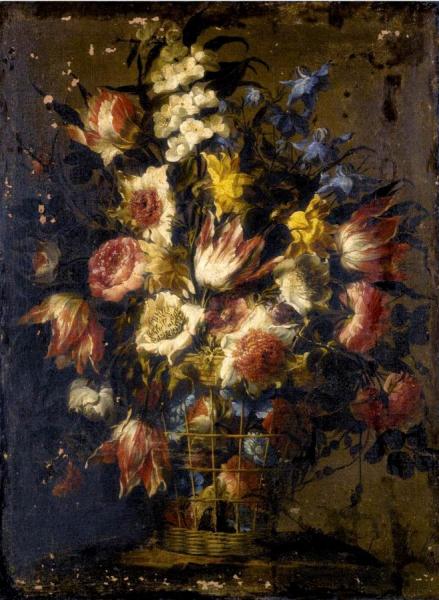 Still Life Of Flowers In A Wicker Basket by Juan De Arellano