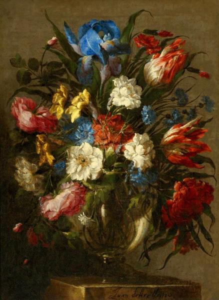 Still Life Of Tulips, Roses, Peonies, Iris And Other Flowers In A Glass Vase by Juan De Arellano
