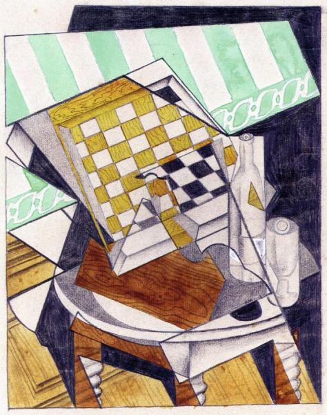 Checkerboard, Bottle And Glass On A Table by Juan Gris