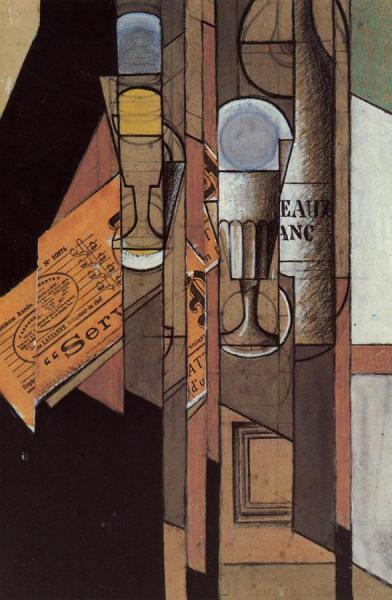 Glasses, Newspaper And Bottle Of Wine by Juan Gris