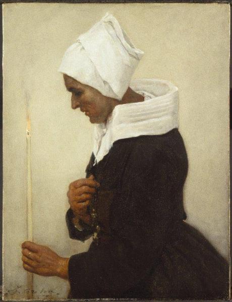 Breton Peasant Woman Holding A Taper by Jules-adolphe Breton