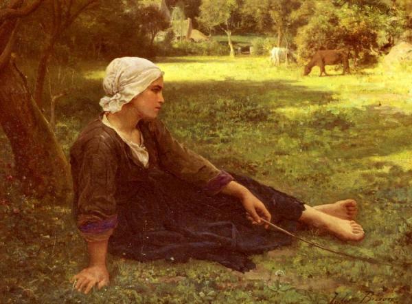 Jules-adolphe Breton Girl Guarding The Cows