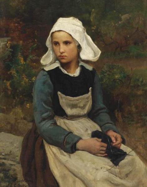Young Brittany Girl Knitting by Jules-adolphe Breton