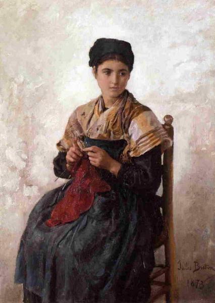 Jules-adolphe Breton Young Woman Knitting