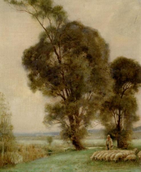 A Sheperdess And Her Sheep In A Misty Landscape by Jules-alexis Muenier