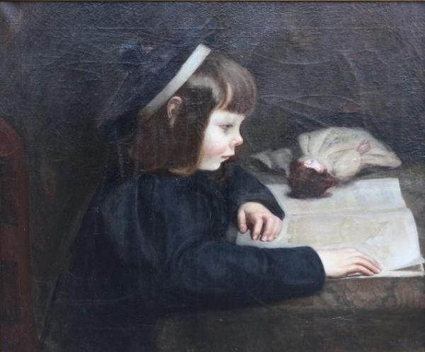 Young Girl Reading With Doll by Jules Emile Crochet Oil Painting Reproductions