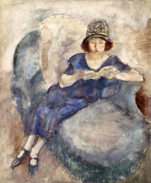Girl In Blue Dress On Sofa, Reading by Jules Pascin