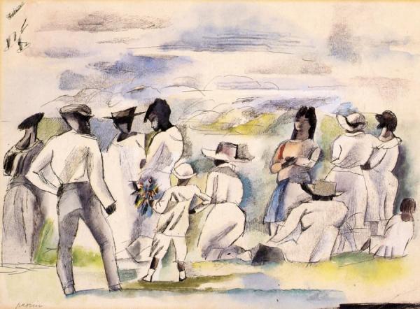 Group Of Figures With Boy Holding Flowers by Jules Pascin