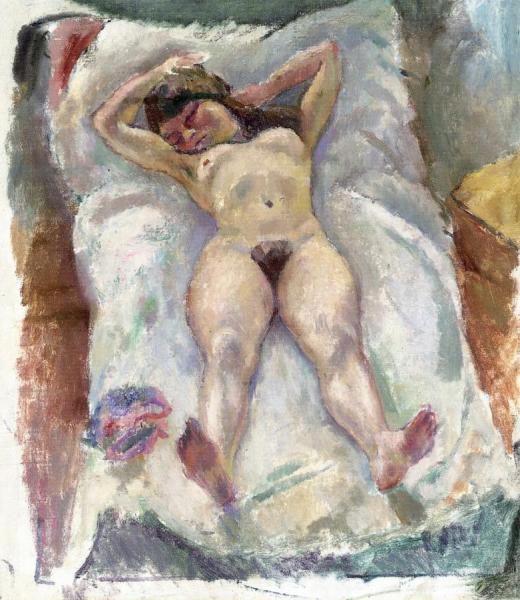 Woman Lying Down With Her Arms Raised by Jules Pascin