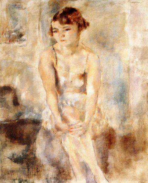 Young Woman Seated In A Chemise by Jules Pascin