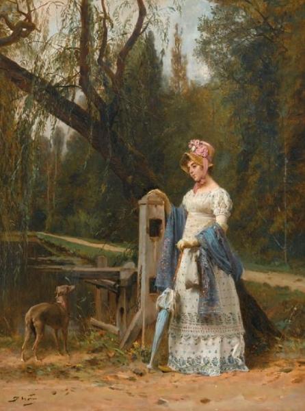 Elegant Lady And Her Whippet by Jules Worms Oil Painting Reproductions