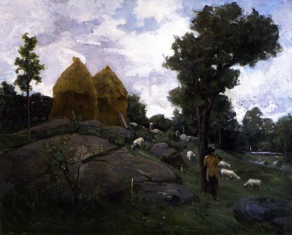 Haystacks, Shepherd And Sheep by Julian Alden Weir