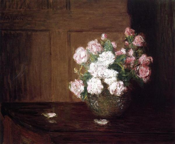Roses In A Silver Bowl On A Mahogany Table by Julian Alden Weir