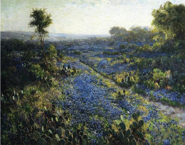 Field Of Texas Bluebonnets And Prickly Pear Cacti by Julian Onderdonk