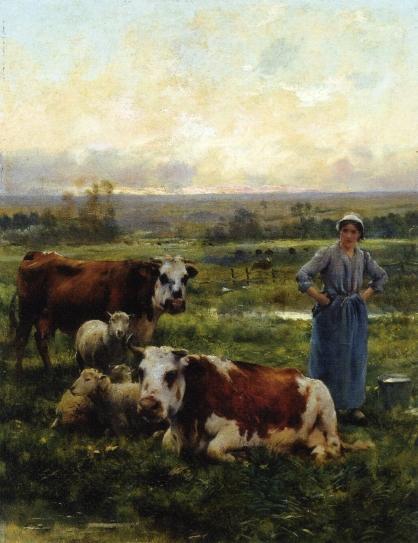 Julien Dupre A Shepherdess With Cows And Sheep In A Landscape