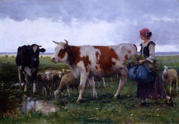 Peasant Woman With Cows And Sheep by Julien Dupre