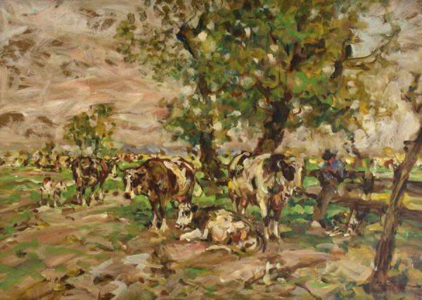 Kühe Unter Bäumen Am Weidezaun by Julius Seyler