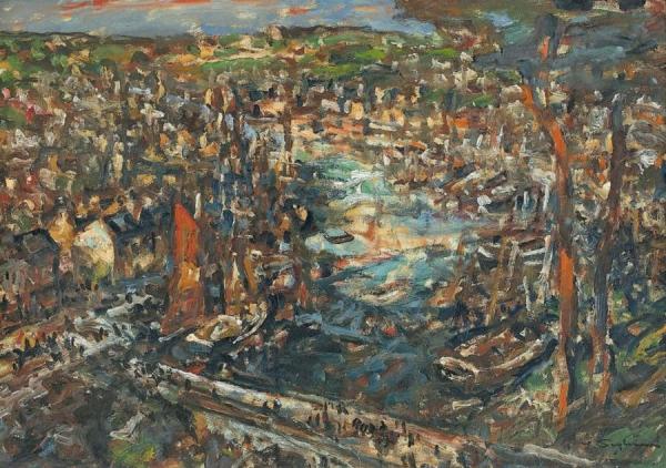 River Landscape With Houses, Boats And A Bridge by Julius Seyler