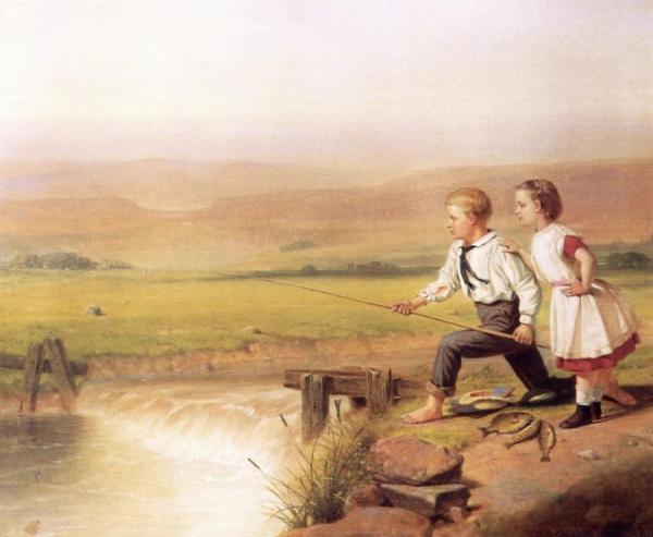 Children Fishing With Their Catch, Two Perches And A Bream by Junius Brutus Stearns Oil Painting Reproductions