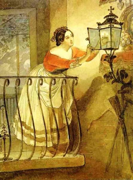 Italian Woman Lightning A Lamp Before The Image Of Madonna by Karl Brullov