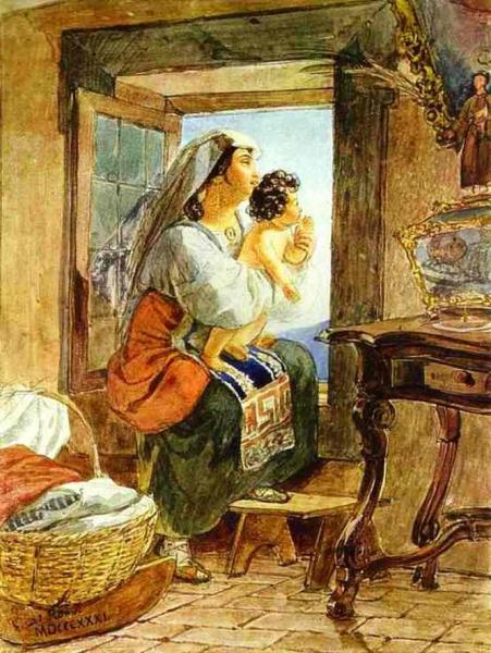 Italian Woman With A Child By A Window by Karl Brullov