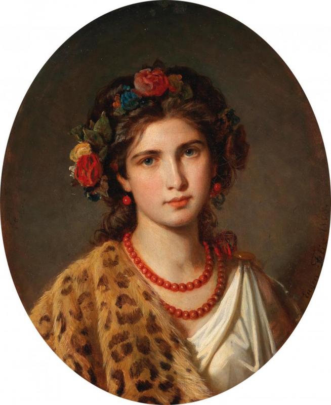 Portrait Of A Girl With Wreath Of Roses In Her Hair And Leopard Skin, 1868 by Karl Eugene Felix