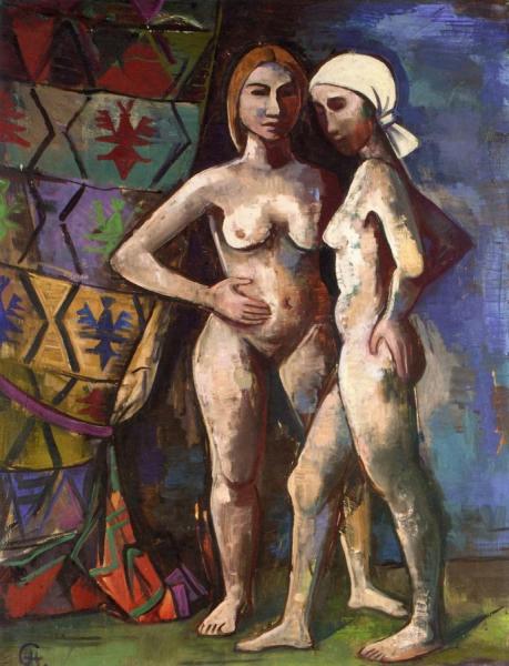Two Girls In Front Of A Curtain by Karl Hofer