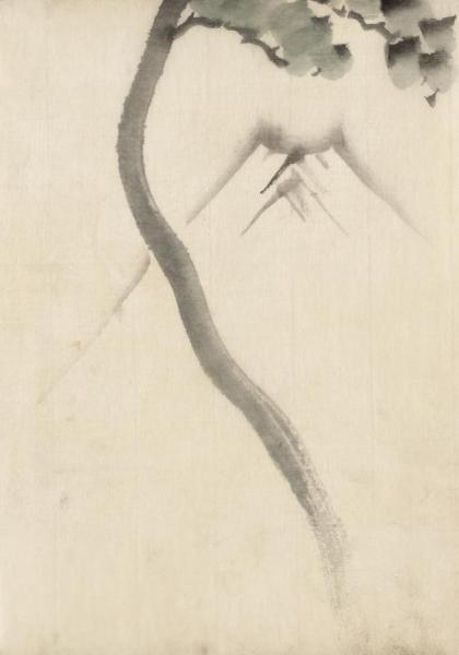 A Tree Trunk With Branch And Leaves In The Foreground,with View Of Mount Fuji In The Background by Katsushika Hokusai