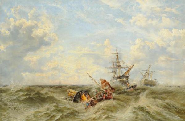 Keeley Halswelle Stormy Seascape With Figures Being Rescued From Wreckage