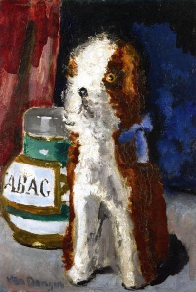 Dog In A Blue Ribbon And Pot Of Tobacco by Kees Van Dongen