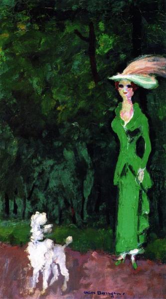 Stylish Woman In Green With Egret Feather And Poodle by Kees Van Dongen