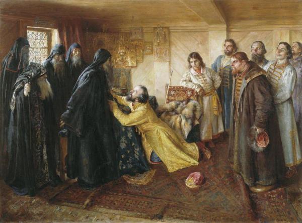 Czar Ivan The Terrible With Archpriest Kirill by Klavdi Vasilievich Lebedev Oil Painting Reproductions