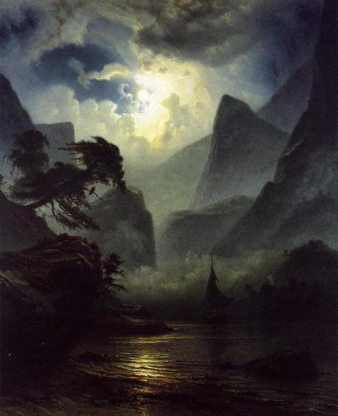A Norwegian Fjord By Moonlight by Knud Andreassen Baade Oil Painting Reproductions
