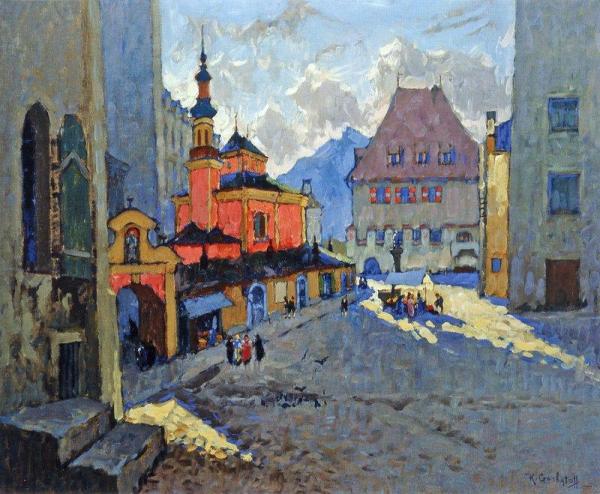 Street View With A Church by Konstantin Gorbatov Oil Painting Reproductions