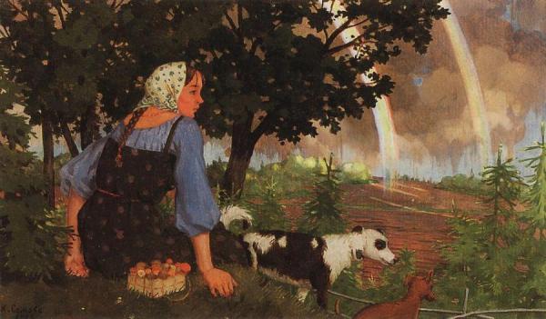 Girl With Mushrooms Under The Rainbow by Konstantin Somov